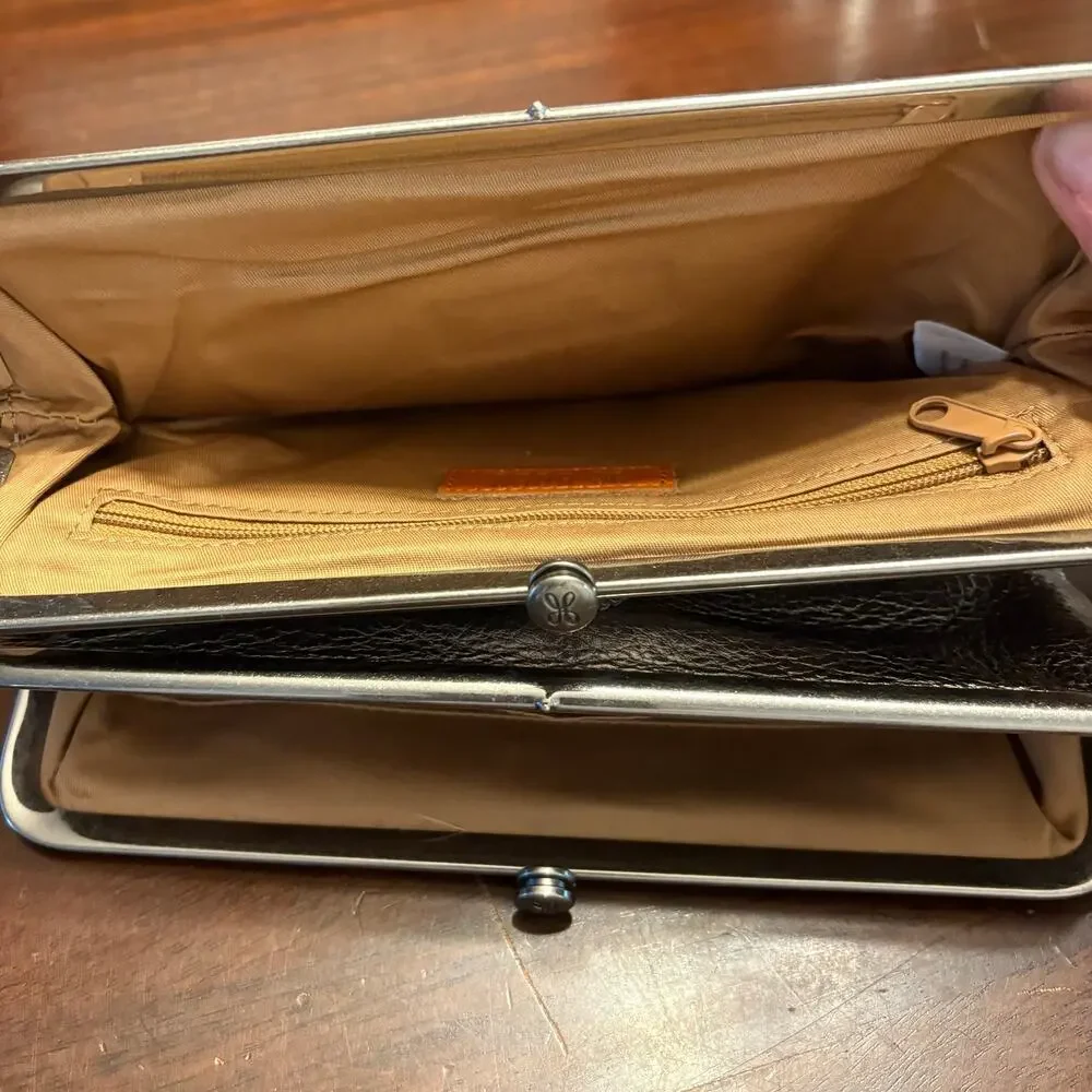 HOBO Lauren Leather Clutch Wallet Pewter Gray Metallic Double Kiss Lock Studded